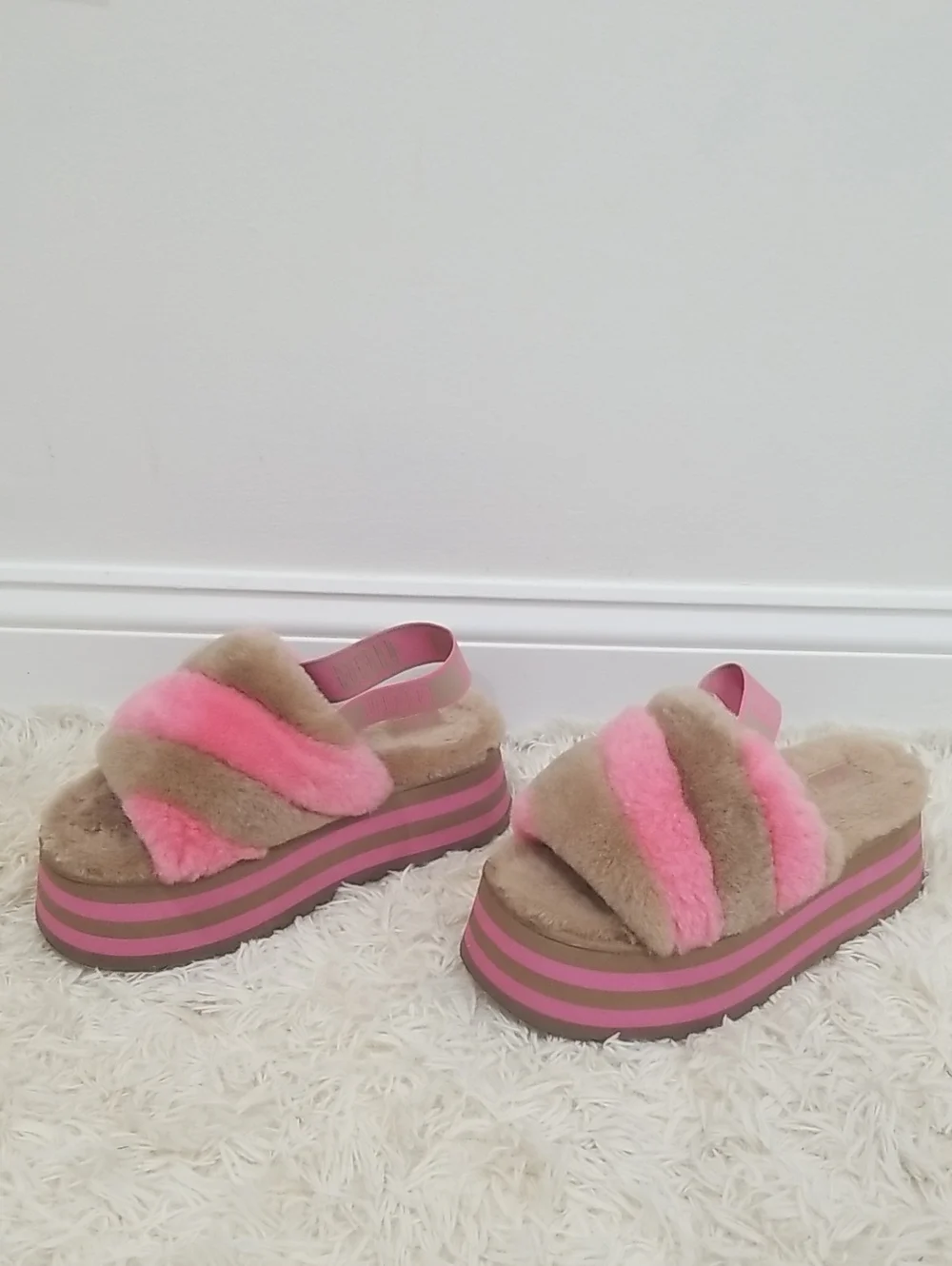 UGG Pink & Beige Fuzzy Platform Slide Sandals